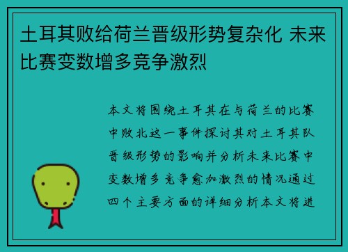土耳其败给荷兰晋级形势复杂化 未来比赛变数增多竞争激烈