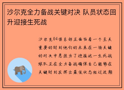 沙尔克全力备战关键对决 队员状态回升迎接生死战