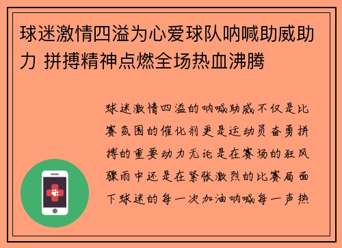 球迷激情四溢为心爱球队呐喊助威助力 拼搏精神点燃全场热血沸腾