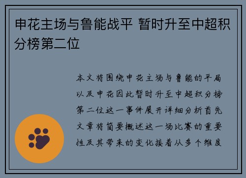 申花主场与鲁能战平 暂时升至中超积分榜第二位