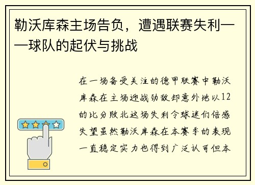 勒沃库森主场告负，遭遇联赛失利——球队的起伏与挑战