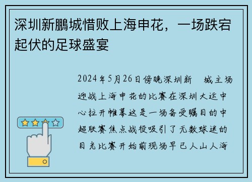 深圳新鵬城惜败上海申花，一场跌宕起伏的足球盛宴
