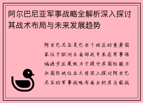 阿尔巴尼亚军事战略全解析深入探讨其战术布局与未来发展趋势