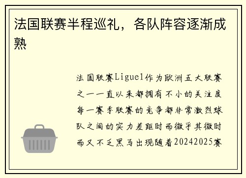 法国联赛半程巡礼，各队阵容逐渐成熟