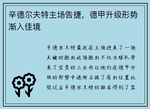 辛德尔夫特主场告捷，德甲升级形势渐入佳境