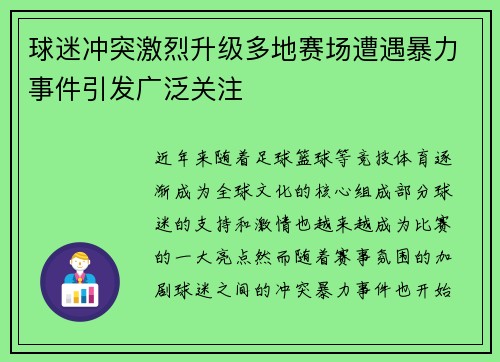 球迷冲突激烈升级多地赛场遭遇暴力事件引发广泛关注