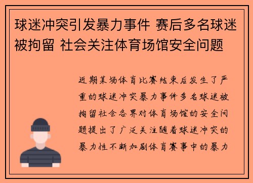 球迷冲突引发暴力事件 赛后多名球迷被拘留 社会关注体育场馆安全问题