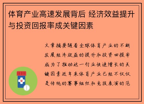 体育产业高速发展背后 经济效益提升与投资回报率成关键因素