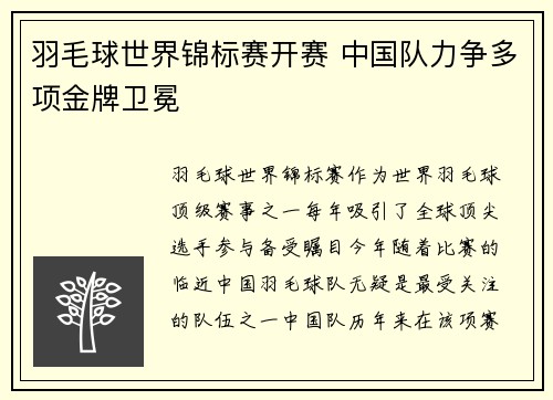 羽毛球世界锦标赛开赛 中国队力争多项金牌卫冕