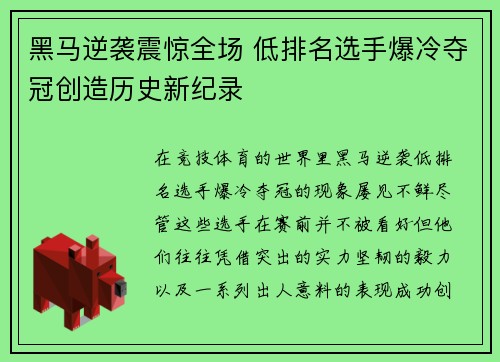 黑马逆袭震惊全场 低排名选手爆冷夺冠创造历史新纪录